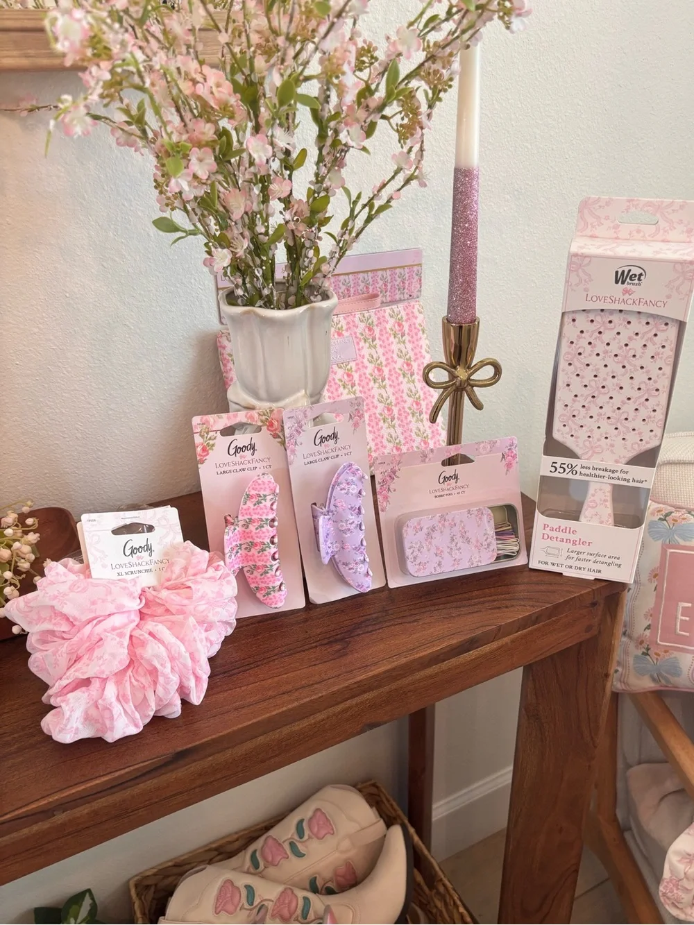 LoveShackFancy Pink Floral Hair Accessory clips brush bag ect